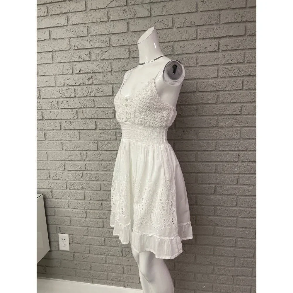 Indian Emporium Women White Cotton Crochet Smock Waist Eyelet Ruffle Dress Size